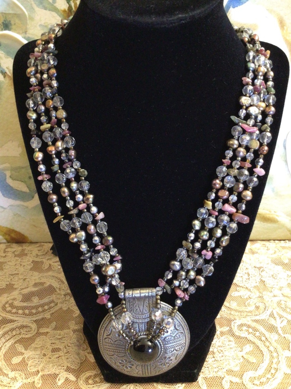 Artisan Bohemian Statement Multi-strand Necklace Freshwater Pearls Stone Chips